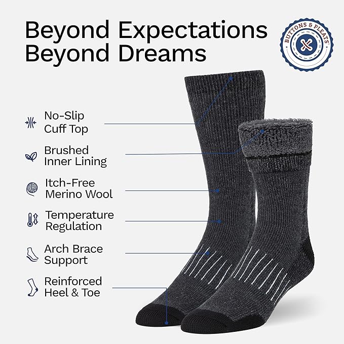 Buttons & Pleats Wool Socks for Men & Women Merino Thermal Warm Cozy Winter Boot Sock