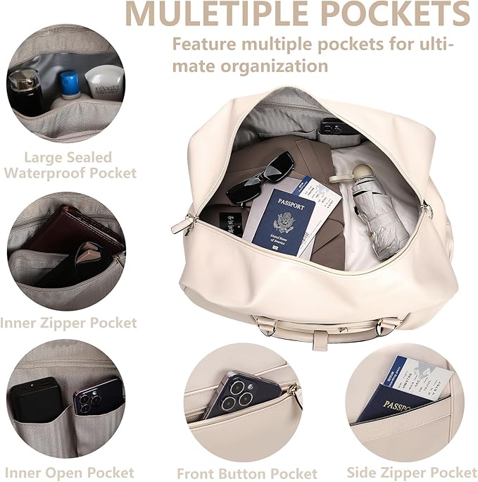 Weekender Bag for Women Men, Large Overnight Bag Faux Leather Travel Duffel Bag with Shoe Compartment Toiletry Packing Cube Carry On Bag Fit 21" Laptop 3Pcs Set (4PCS White)