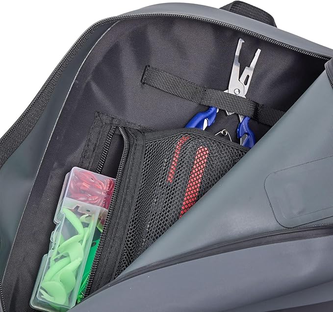 Xelfly Waterproof Fishing Sling Backpack Bag with Rod Holder, Gear Loops - Submersible Zipper, Rugged Top Handle, Adjustable Attachments (Gray)