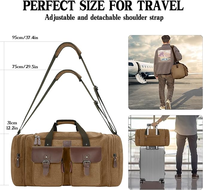 Canvas Duffle Bag for Men 60L Travel Duffel Bags Expandable Genuine Leather Duffel Overnight Weekender Carry On Bag Two Zipper Pockets Travel Bag (Coffee, X Large-60L)