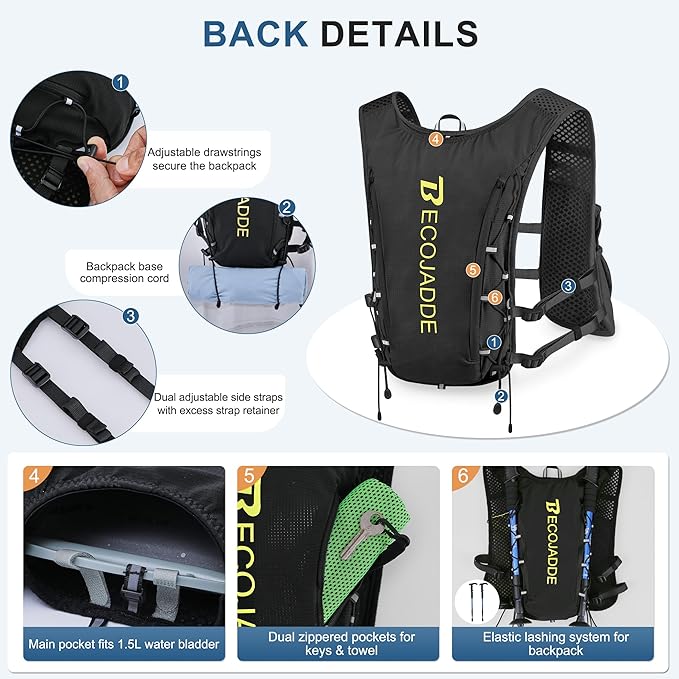 BECOJADDE Running Vest Hydration Backpack for Men Women, 5L Lightweight Running Backpack Hydration Pack for Marathon, Trail, Cycling, Hiking, Jogging