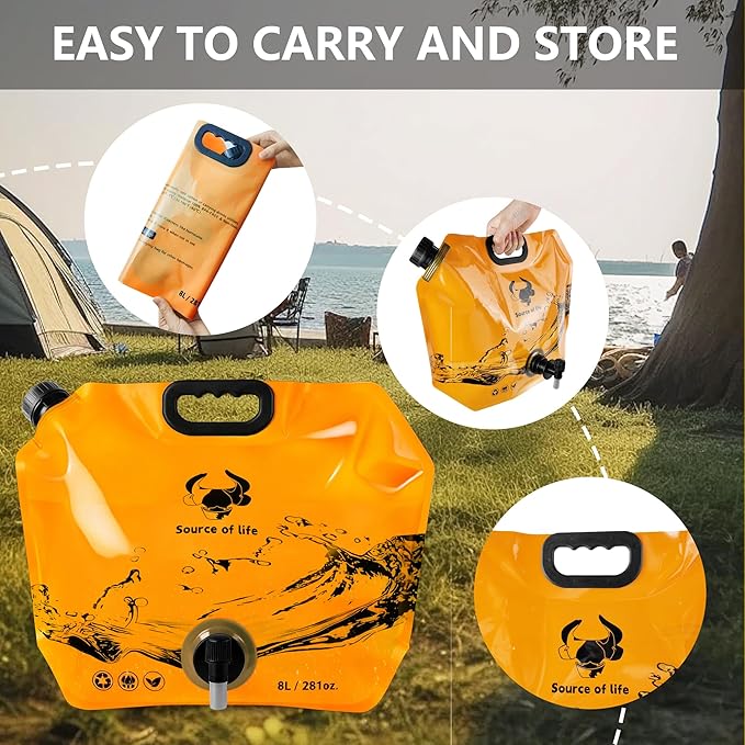 Collapsible 8L Water Storage Bag, BPA-Free Portable Folding Water Jug with Adjustable Faucet, Leakproof Emergency Water Bag for Camping, Hiking, Riding, Outdoor Sport (2, Orange)