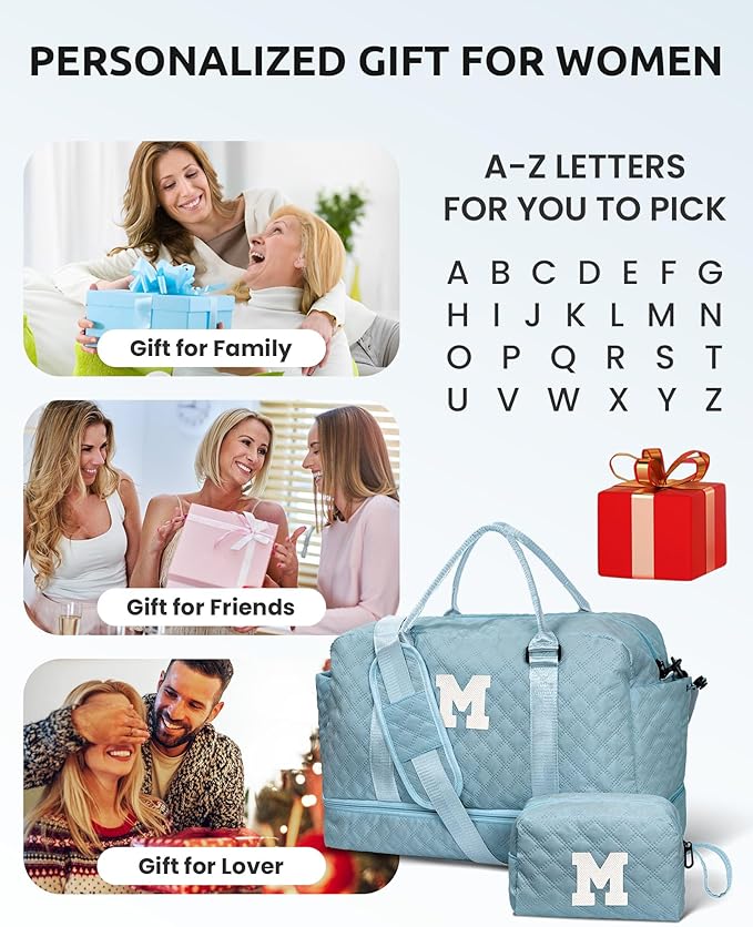 Gifts for Mom-Initial Duffle Bag with Shoe Compartment, Personalized Weekender Bag, Monogram Overnight Bag, Letter Travel Bag with Makeup Bag，Personalized Gifts Idea for Women Her (Letter F)