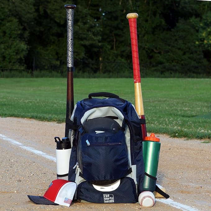 Baseball Backpack with Cleat/Shoe Pocket | Large Capacity | 19.5" T x 14" W x 7.5" D | Holds 4 Bats | External Helmet Storage | 3 Extra Zipper Pockets for Sunglasses, Seeds, Cell Phone (Navy/Gray)