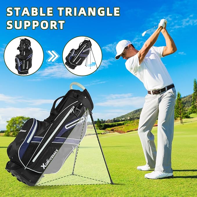 XDriveMax Golf Stand Bag, Lightweight 8-Way Top Dividers Golf Bag with Insulated Cooler Pocket, Dual Strap System & Rain Cover, Includes Golf Accessory Kit
