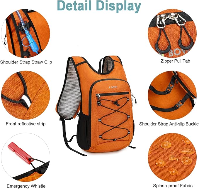BOVIP Lightweight Hydration Back,15L Multipurpose Hiking Backpack with 1.5L Water Bladder ,Hydro Water Daypack for Cycling Hiking Rave for Men Women