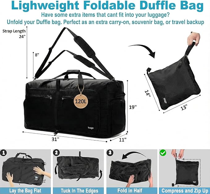 Bago Large Foldable Duffel Bags for Traveling Women & Men - 120L Packable Duffle Bag for Travel with Shoe Compartment - Water Repellant, Heavy Duty, Lightweight Folding & Collapsible (All Black)