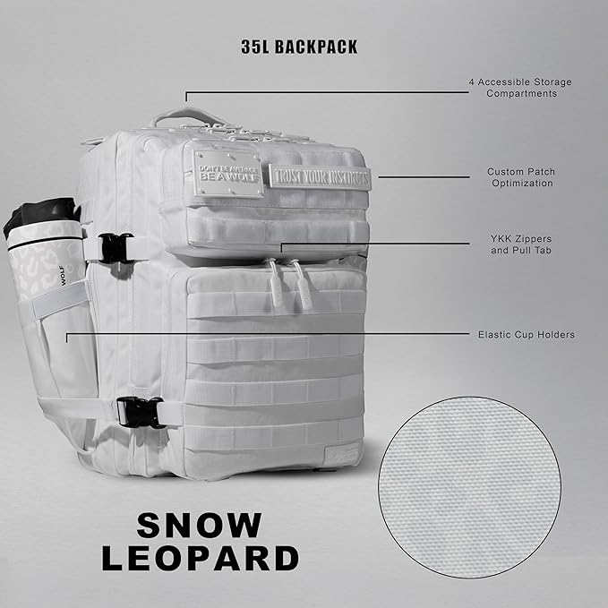 WOLFpak 35L Athletic Gym Backpack - Durable 1000D Waterproof Oxford Material with MOLLE Webbing, Laptop Pocket & Dual Cup Holders, Durable Fitness/Travel/Military Daypack (Snow Leopard)