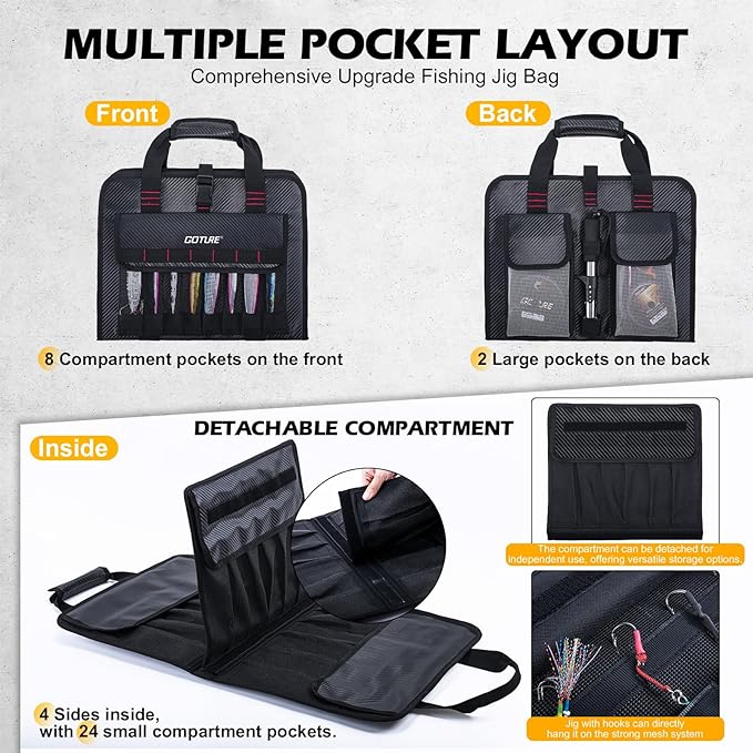 Goture Fishing Jig Bag,34 Mesh Pockets Portable Water-Resistant 600D PU Fishinig Lure Bag Saltwater Freshwater,Detachable Compartment, Suitable For Vertical Jig Slow Pitch Jigging Bait Tackle Storage