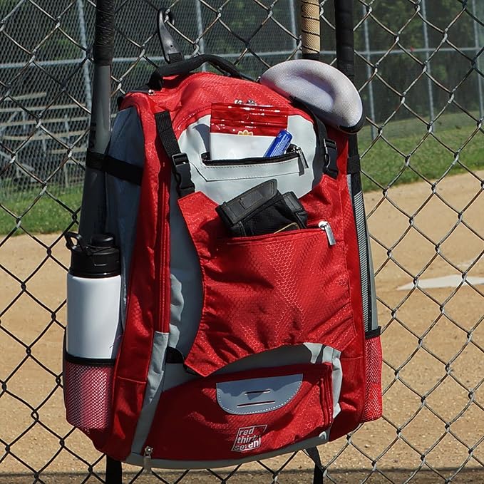 Baseball Backpack with Cleat/Shoe Pocket | Large Capacity | 19.5" T x 14" W x 7.5" D | Holds 4 Bats | External Helmet Storage | 3 Extra Zipper Pockets for Sunglasses, Seeds, Cell Phone (Red/Gray)