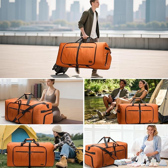 100L Travel Duffle Bag for Men, Urtala 32” Large Duffle Bag for Traveling with Shoe Compartment, Foldable Travel Duffel Bag for Men Women Waterproof & Tear Resistant (Orange, EXTRA LARGE, 100L)