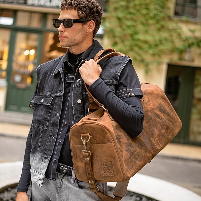Berliner Bags Vintage Genuine Leather Duffle Bag Oslo for Travel or the Gym, Weekender, Travel Bag with Shoe Compartment, Overnight Bag for Men and Women - Brown