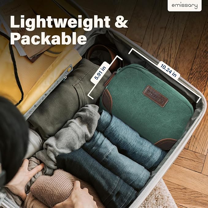 emissary Men's Toiletry Bag, Leather and Canvas Travel Toiletry Bag, Dopp Kit for Men, Travel Bathroom Bag Men's Shaving Kit, Travel Kit Small Bags for Men, Shaving Bag for Travel Accessories (Green)