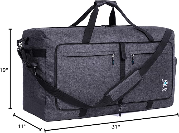 Bago Large Foldable Duffel Bags for Traveling Women & Men - 120L Packable Duffle Bag for Travel with Shoe Compartment - Water Repellant, Heavy Duty, Lightweight Folding & Collapsible (SnowBlack)