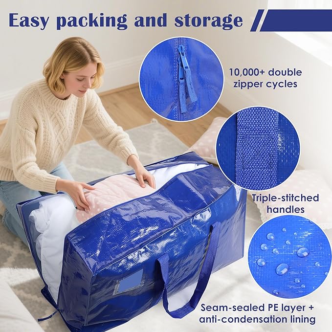 6 Pack Extra Large Heavy Duty Moving Bags with Reinforced Zipper & Wide Handles, Moisture-Resistant Storage Bins Packing Cubes for Clothes, College Dorm, Travel, and Home Organization, Blue