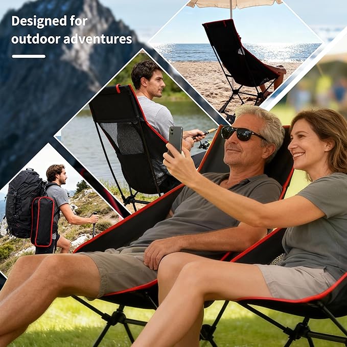 Lightweight Backpacking Folding Chair with Carry Bag,Stable and Sturdy Camping Chairs with Back Support, Fishing, Hiking and Beach Activities (high backrest, Black and red, L)