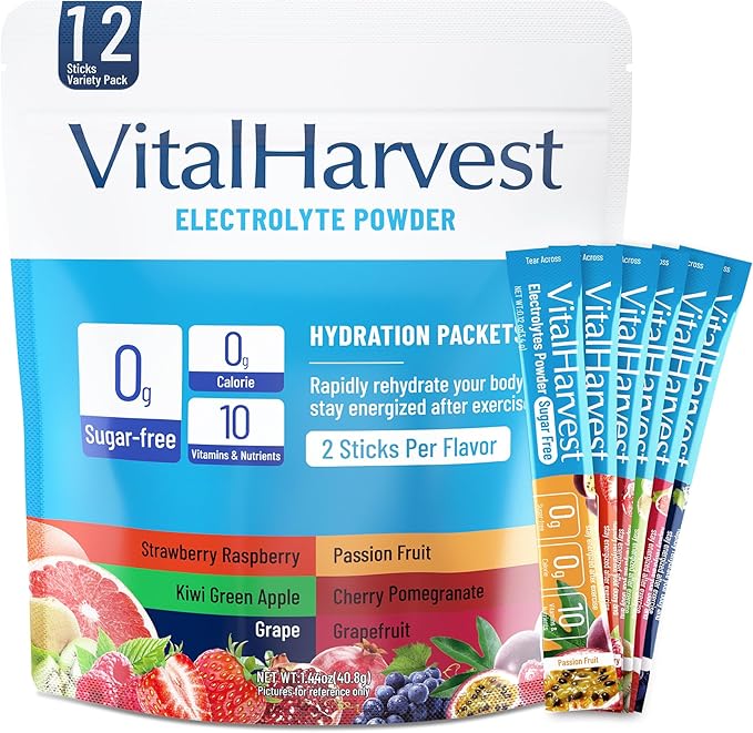12 Sticks Electrolytes Powder Packets No Sugar Hydration Packets Electrolyte Liquid Daily IV Drink Mix with Strawberry Raspberry, Passion Fruit, Kiwi Green Apple, Cherry Pomegranate, Grape, Grapefruit