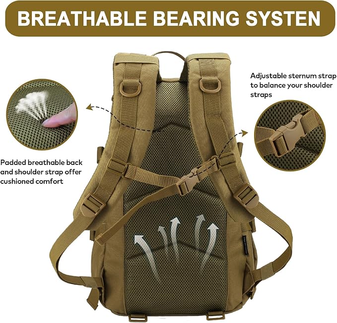 25L Hiking Backpack Small Tactical Backpack Daypack Camping Trekking Hunting Molle Pack for Men Women, Khaki