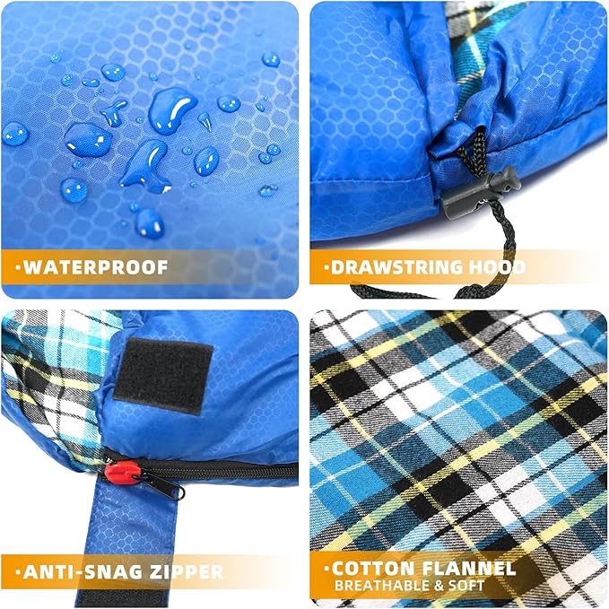 Cotton Flannel Lined Sleeping Bag for Adults Teens Kids, Cold Weather &Warm, 3 Seasons, Lightweight Compact Camping Essentials Equipment, Hiking, Outdoor, Travel