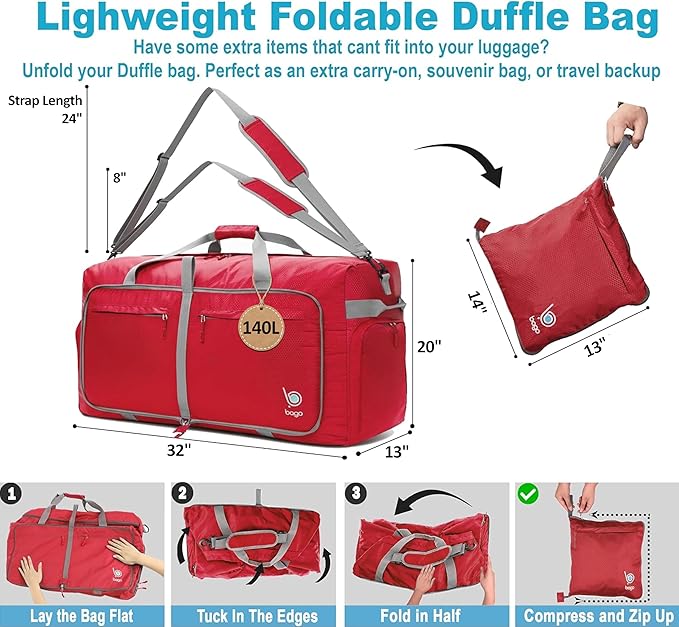Bago Big XXL Foldable Duffel Bags for Traveling Women & Men - 140L Packable Duffle Bag for Travel with Shoe Compartment - Water Repellant, Heavy Duty, Lightweight Folding & Collapsible (Red)