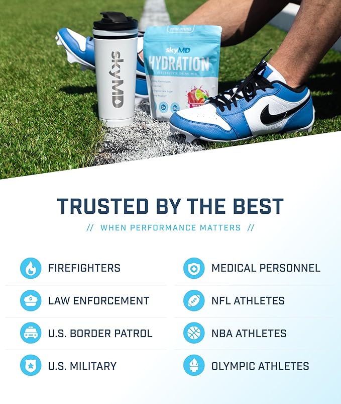 SkyMD Hydration packets with electrolytes powder- Add to water or any liquid- Hydration Multiplier Variety Pack: Lemon Lime, Passion Fruit, Strawberry, Watermelon- Great source of Vitamin C- 16 Sticks