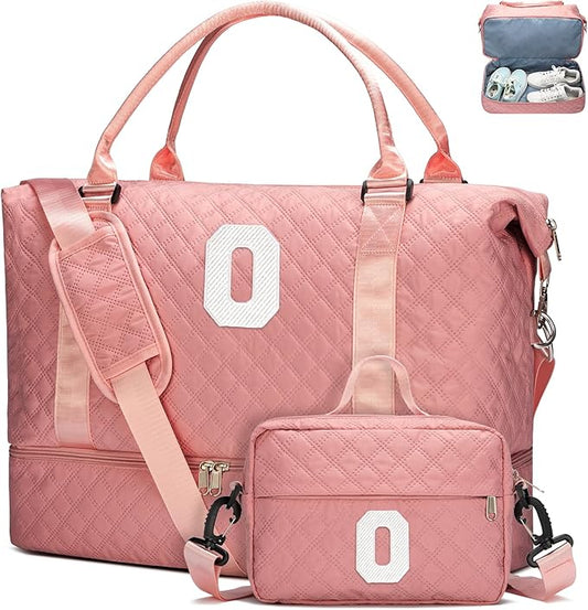 WOOMADA Initial Duffle Bag with Shoe Compartment,Personalized Weekender Bag, Overnight Bag for Women Girls, Gym Bag with Toiletry Bag
