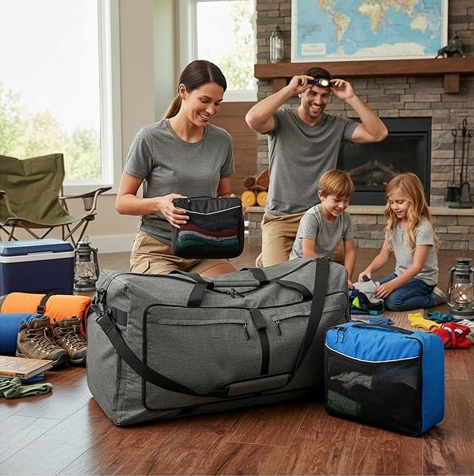 Bago Big XXL Foldable Duffel Bags for Traveling Women & Men - 140L Packable Duffle Bag for Travel with Shoe Compartment - Water Repellant, Heavy Duty, Lightweight Folding & Collapsible (SnowBlack)