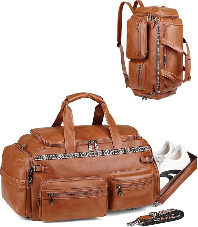 FADEON Duffle Bag for Women, Large Convertible Carry on Overnight Backpack, Designer Leather Mens Weekend Bags for Travel