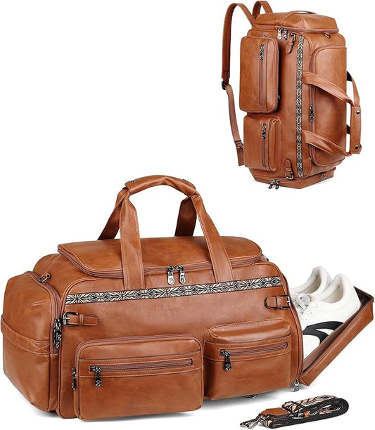 FADEON Duffle Bag for Women, Large Convertible Carry on Overnight Backpack, Designer Leather Mens Weekend Bags for Travel