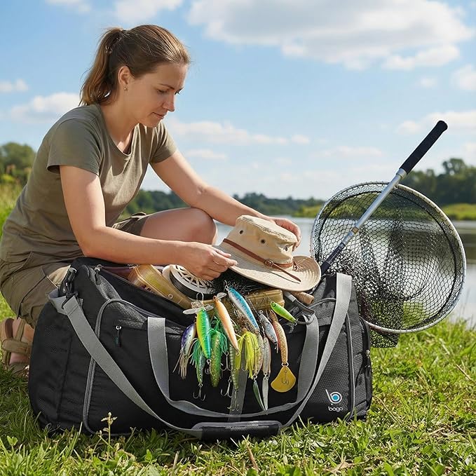 Bago Large Foldable Duffel Bags for Traveling Women & Men - 120L Packable Duffle Bag for Travel with Shoe Compartment - Water Repellant, Heavy Duty, Lightweight Folding & Collapsible (Black)