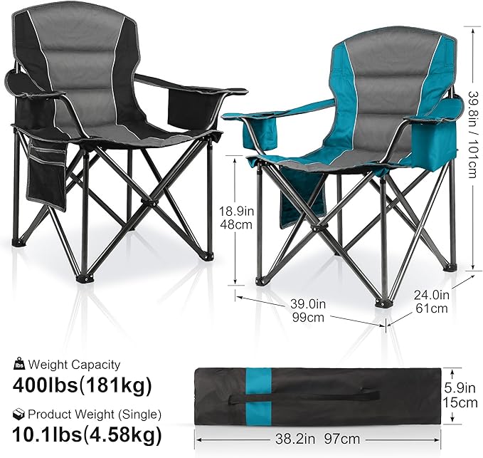 2 Pack Padded Oversized Camping Chairs for Adults,Heavy Duty Support 400 Lbs,Folding Portable Lawn Chair w/Cup Holder,Cooler Bag,Side Pocket,Perfect for Outdoor Picnic,Hiking(Blue&Black)