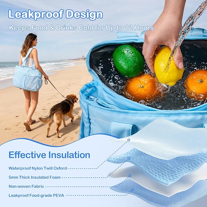 Odoland Soft Cooler Bag, Collapsible Leakproof Insulated Cooler Bag with Multi-Pocket Design, Portable Soft Side Cooler Backpack for Beach, Picnic, Camping, Travel and Daily Use for Women