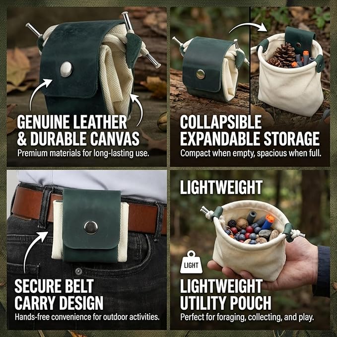 Toprank Leather Foraging Pouch – Collapsible Canvas and Leather Belt Bag for Hiking, Mushroom, Rock & Shell Collecting (Green/Off-White)