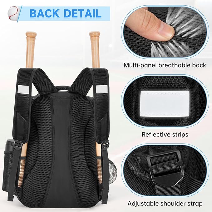 ANILD 30L Youth Baseball Backpack, Bat Backpack for Baseball with Separate Shoes Compartment, Baseball Equipment Bag with Fence Hook, Suitable for Baseball, T-Ball, Softball and More