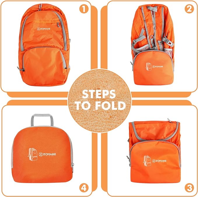 ZOMAKE Lightweight Packable Backpack 30L, Foldable Hiking Backpacks Water Resistant Compact Folding Daypack for Travel(Orange)