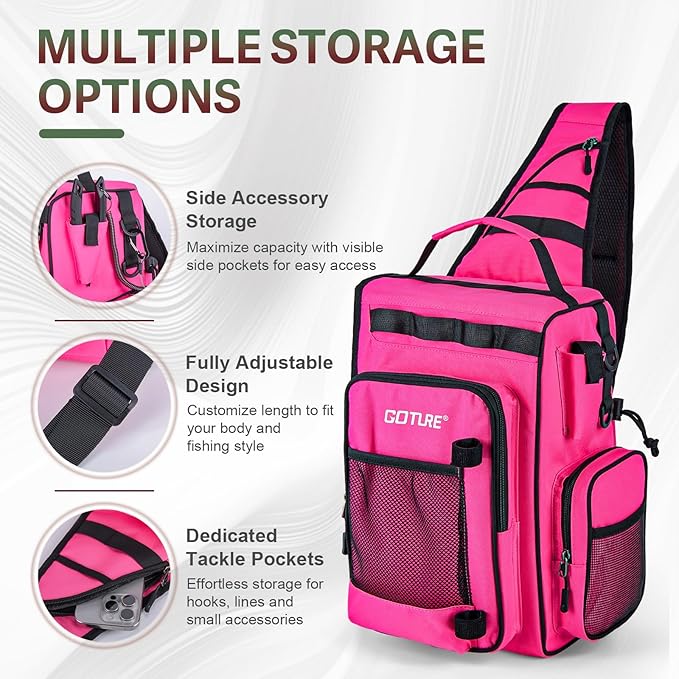 Goture OpenSide Tactical Sling Tackle Bag with 3 Tackle Trays and Fishing Tools, Lightweight Fishing Backpack Storage for Gear and Equipment - Pink Bag Outdoor, Gift for Women