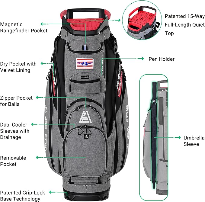 ASK ECHO SLC-130 Golf Cart Bag with 15 Way Full Length Dividers Top, Premium Quiet Golf Cart Bag with Rain Cover for Men