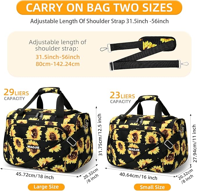 Underseat Carry On Luggage Lightweight Travel Tote Weekender Bag Overnight Duffle Bag for Travel, Travel Essentials Personal Item Travel Bag for Women and Men, Sunflower-16Inch