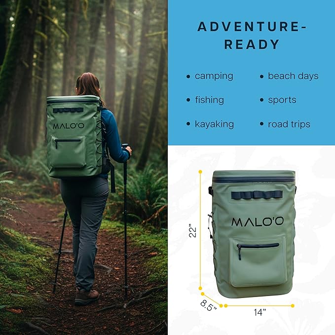 Malo'o Pro Adventure Insulated Backpack Cooler Holds 30 Cans for 48 Hours - Perfect for Camping, Hiking, Fishing, Kayaking, Sports, or Beach