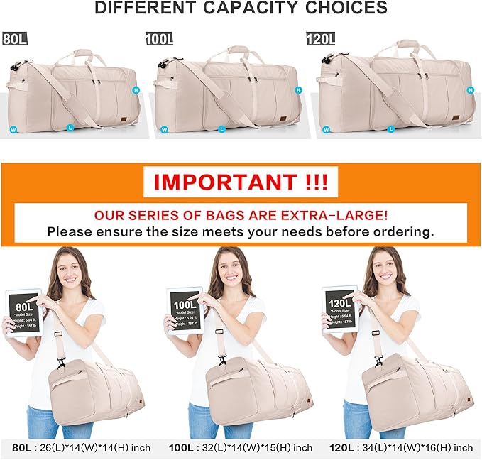120L Travel Duffle Bag for Men and Women, Urtala 34” Large Duffle Bag for Traveling with Shoe Compartment, Foldable Duffel Bag Water & Tear Resistant (Beige)
