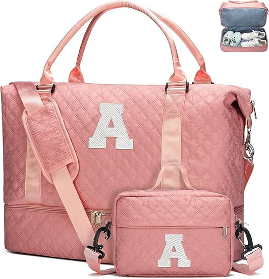 WOOMADA Initial Duffle Bag with Shoe Compartment,Personalized Weekender Bag, Overnight Bag for Women Girls, Gym Bag with Toiletry Bag