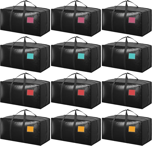 12 Pack Extra Large Heavy Duty Moving Bags with Reinforced Zipper & Wide Handles, Moisture-Resistant Storage Bins Packing Cubes for Clothes, College Dorm, Travel, and Home Organization, Black