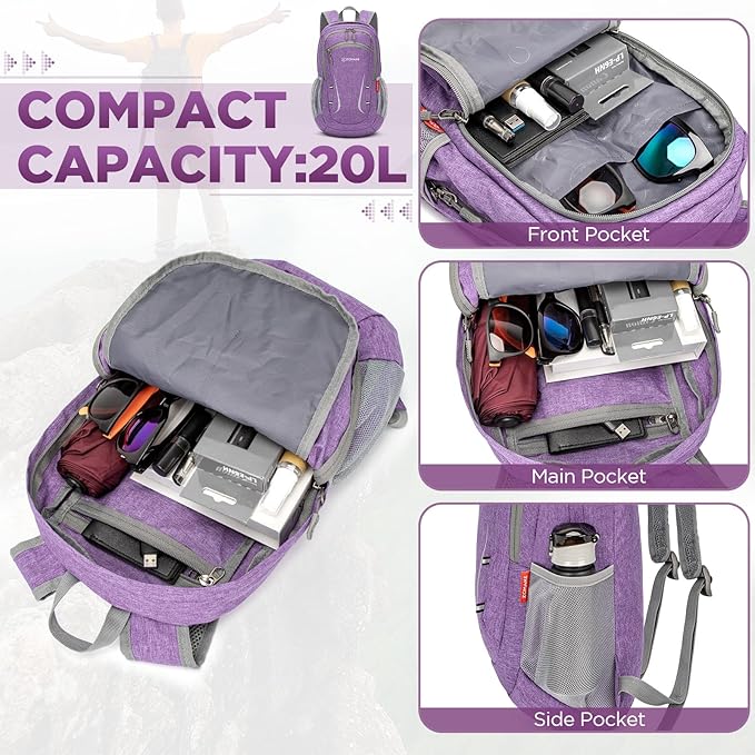 ZOMAKE Ultra Lightweight Packable Backpack 20L,Small Foldable Backpacks Hiking Water Resistant Collapsible Daypack for Women Men(Light Purple-A2)