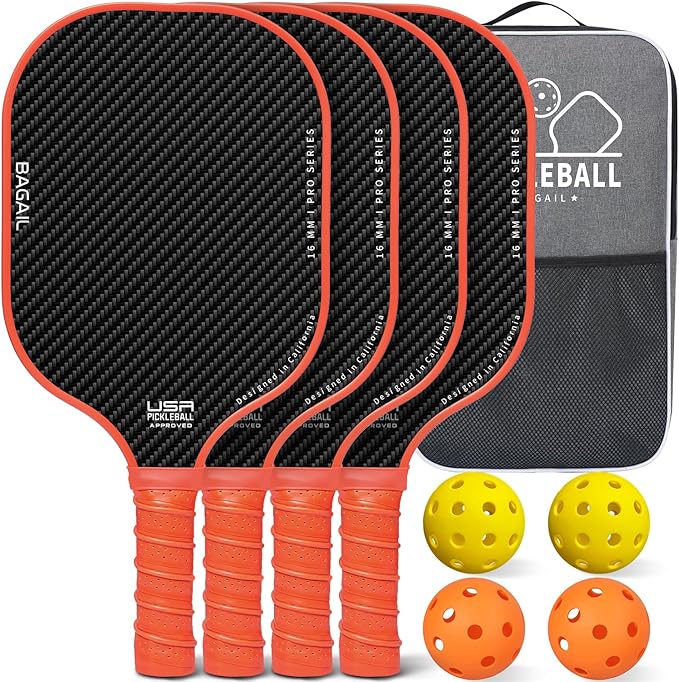 BAGAIL Pickleball Paddles, USAPA Approved Fiberglass Surface Pickleball Set, Lightweight Pickle Ball Rackets with 4 Balls, 1 Bag, Designed in California for Traction and Stability