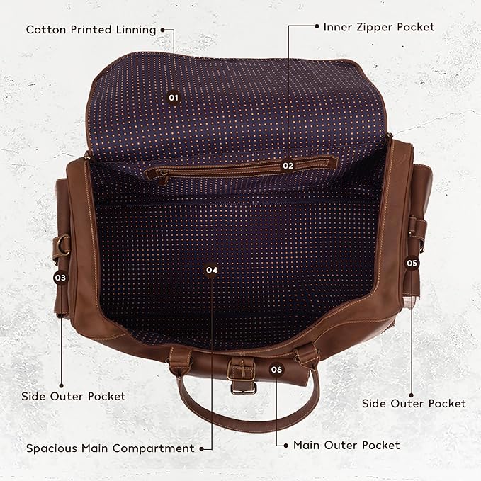 Premium Leather Duffle Bag for Travel (21 Inches) | Leather Travel Bag with Adjustable Shoulder Strap - Large, Weekend Overnight Luggage Bag for Men & Women (Brown)