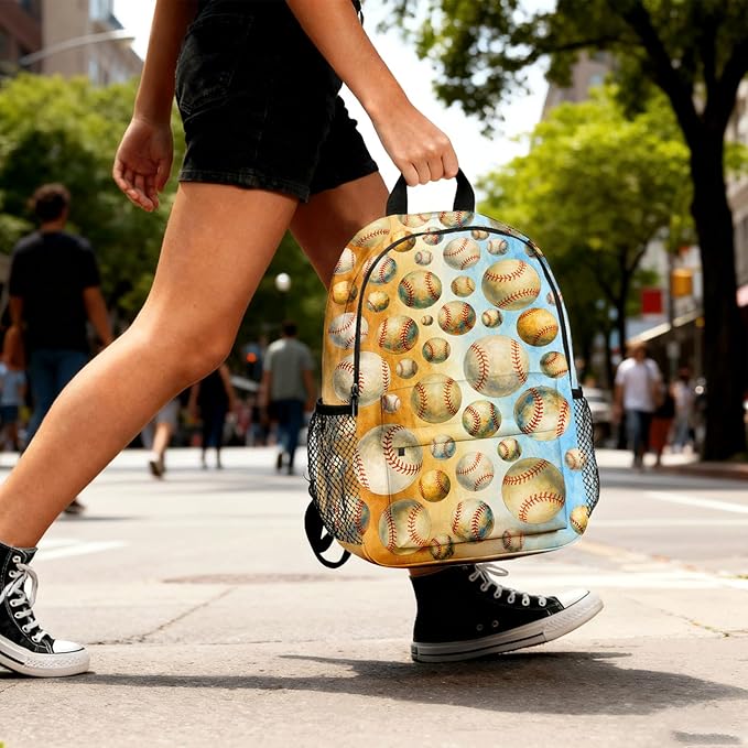 Baseball Backpack for Kids & Youth, 16 Inch Tennis-Themed School Bookbag, Lightweight Polyester Daypack with Front Zip Pocket, Side Bottle Pocket, Padded Adjustable Straps, Unisex