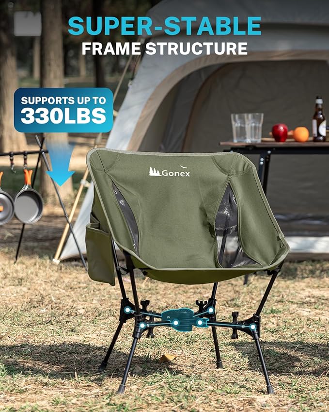 Gonex Portable Camping Chair, The 5th Gen Ultralight Compact Backpacking Foldable Lightweight Folding Chair for Outdoor Camp Hiking Beach Picnic Concert, Supports 330lbs (Army Green, 2 PCS)