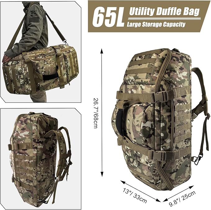 65L Large Duffle Bag, 3-in-1 Tactical Backpack MOLLE Pack for Sports, Gym, Outdoor, CP