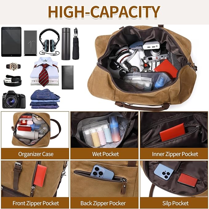 FENGDONG Weekender Bag Large Overnight Bag for Men Women Tote with Shoe Compartment Canvas Carry on Luggage Bag Travel Duffel Bag Brown