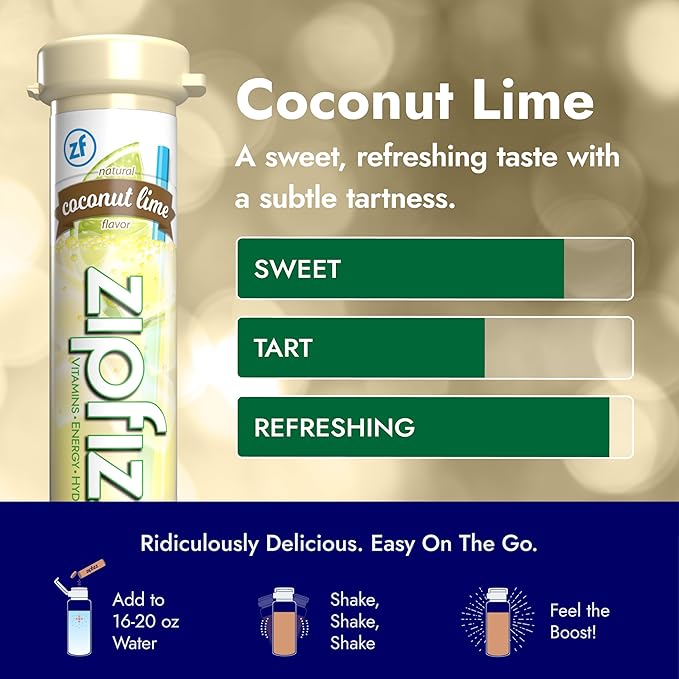 Zipfizz Daily Energy Drink Powder, Coconut Lime, 20 Pack | 3-in-1 Sustained Energy, Rapid Hydration, and Essential Vitamins | Sugar-Free | Electrolyte Powder | Contains Vitamin B-12 & Antioxidants